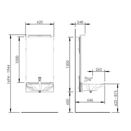 Dimensions - Electric height adjustable washbasin system with mirror and lighting - BASICLINE 433-01