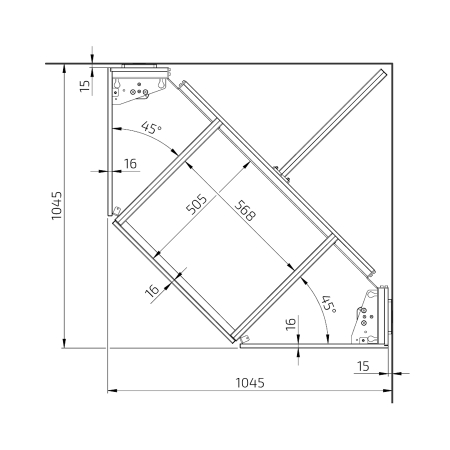 Dimensions - Kitchen Worktop Lift Baselift Corner 6311LA, 45°- 90°, floor-mounted